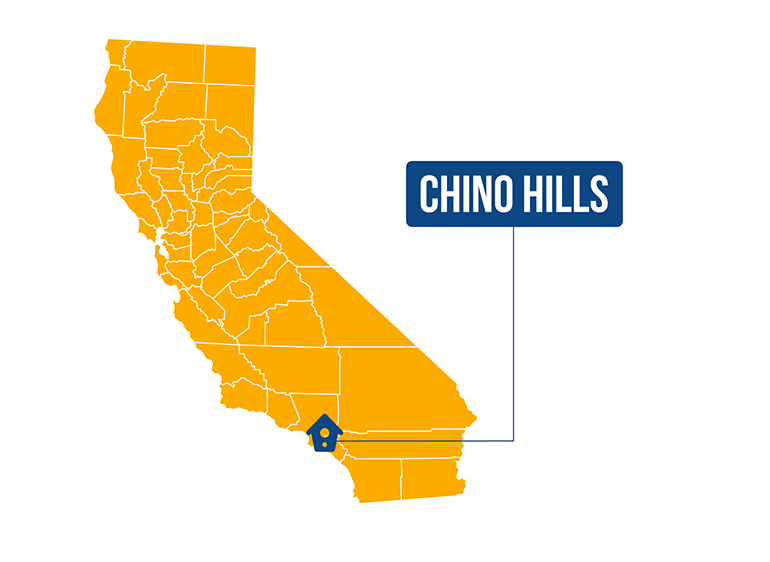 Orange California map with county borders, highlighting Chino Hills in bold with blue pin.